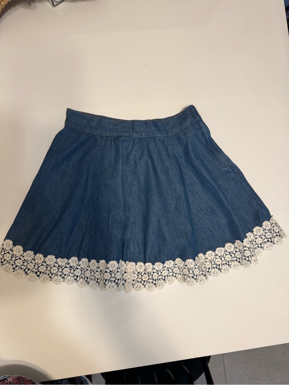 Mini Vintage Denim Skirt with White Lace Trim - Women's Skirt Size XS